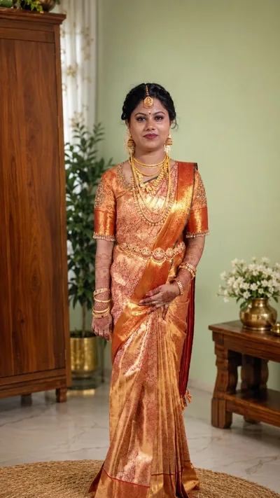 Bride in a gold kanjivaram saree with an embroidered blouse