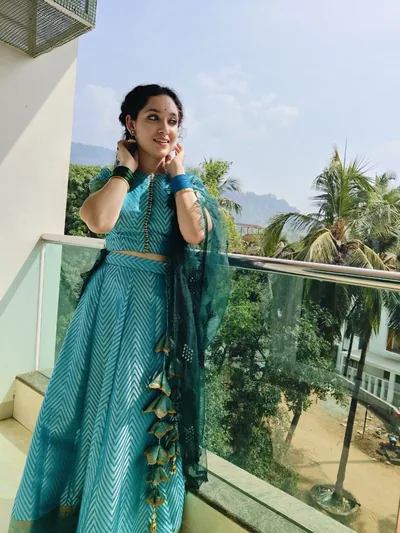 Teal chevron lehenga, full length