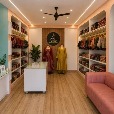 Inside the ACME studio: fabric shelves, garments on display and a seating corner