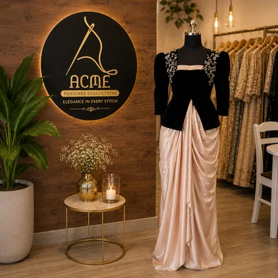 The ACME sign beside a velvet and satin gown on a mannequin